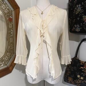 Y2K Anne Carson Ivory Silk Mid Flare Sleeve Cascading Ruffle Tie Front Top S